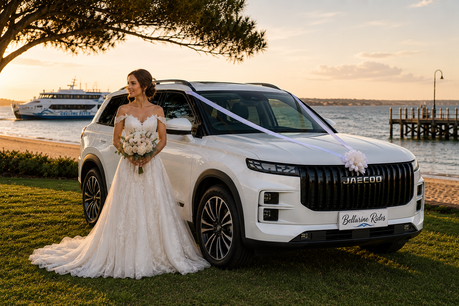 Bride and groom arriving in luxury